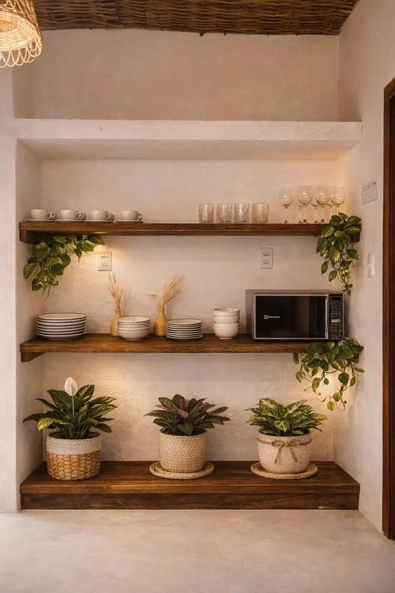 Nicho da copa, com prateleiras de madeira, louça, micro-ondas e vasos de planta
