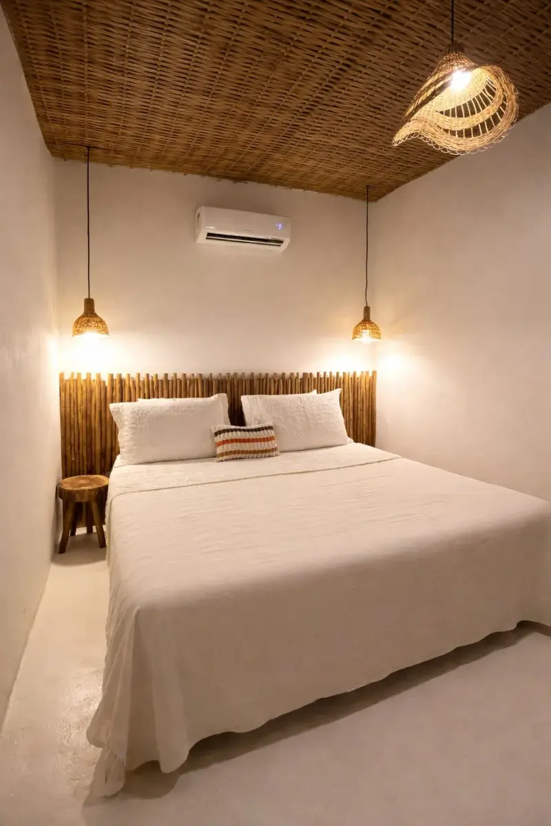 Quarto com cama de casal, roupa de cama branca, cabeceira iluminada, ar-condicionado e teto de bambu